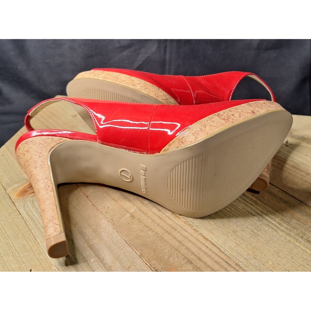 No Boundaries Marge Red Patent Peep Toe Slingback Cork Platform Heels Womens 7 - Picture 12 of 16